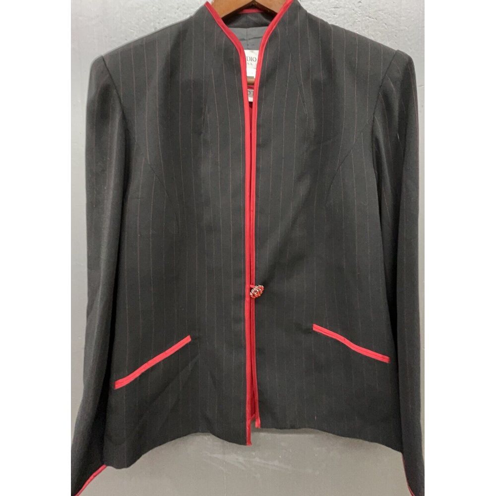 Studio‎ 1 Blazer Jacket 10 Tall Black Pinstripe Red Trim Jewel Lined With Tank